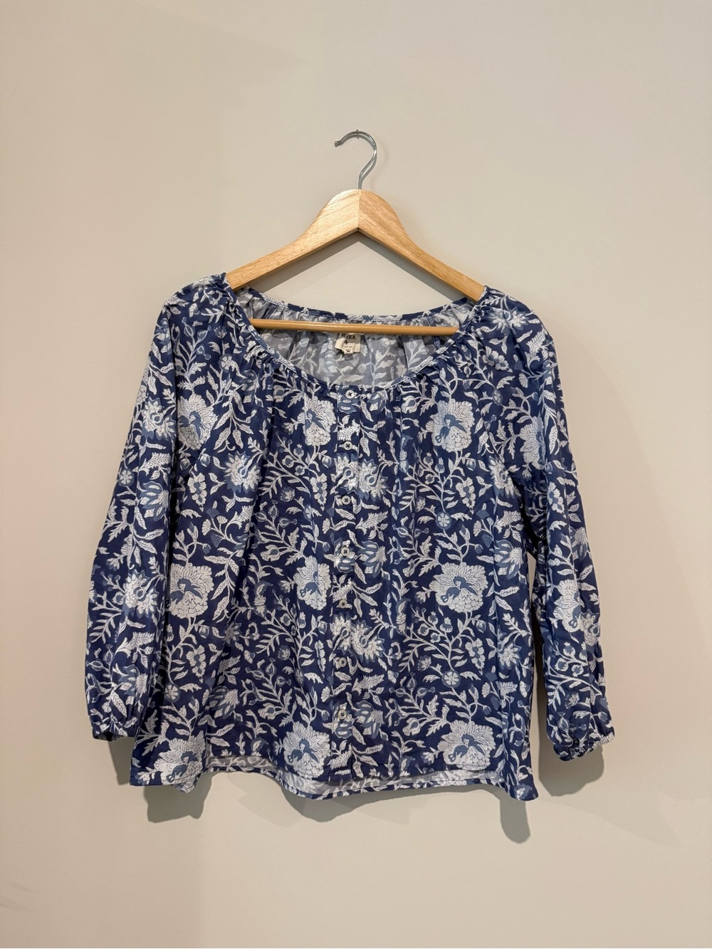 Marea by Liz Joy Blue Floral Button-Front Poplin Block Print 100% Cotton Top S